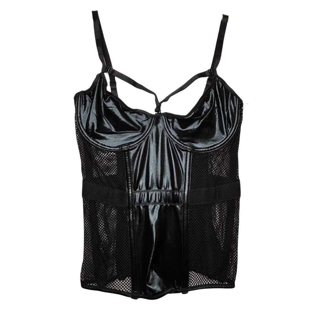 NWT Black Vinyl Mesh Bustier Corset Gothic Lingerie Top Retail $154